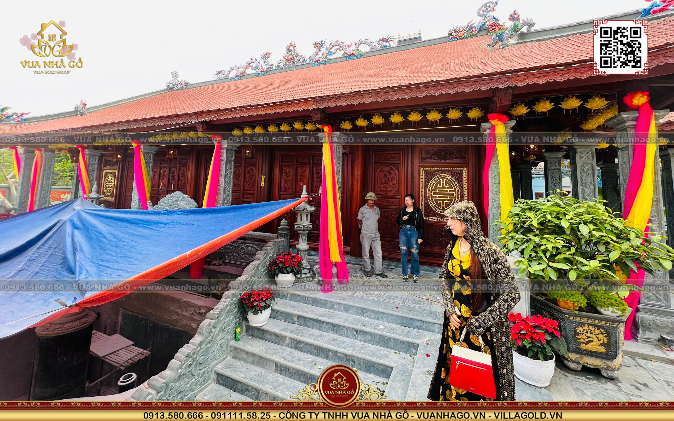 Thi Công Nhà Chùa Gỗ 3 Gian 4 Mái Đao Gỗ Lim Nam Phi