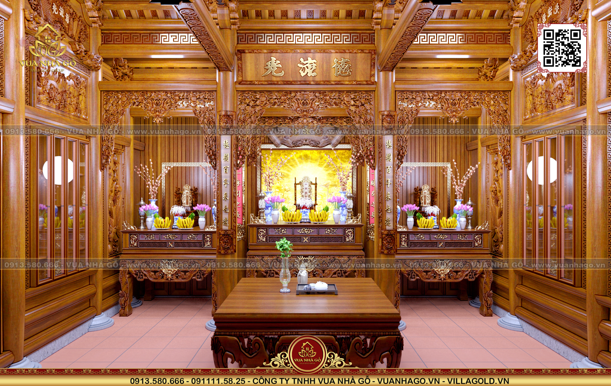 3D Nội Thất Nhà Gỗ 3 Gian Gỗ Trai Lào Theo Nối Kẻ Truyền - Vua Nhà Gỗ