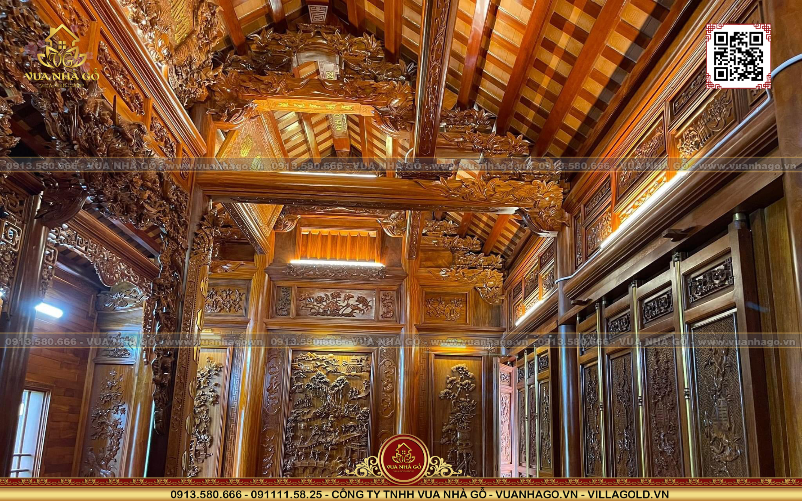 Nội Thất Nhà Gỗ 3 Gian Trồng Bò Thuận Đục Tranh Vinh Quy Bái Tổ